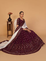 Plum Georgette Embroidered Designer Lehenga