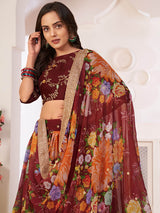 MAROON DIGITAL PRINTED GORGETTE LEHANGA