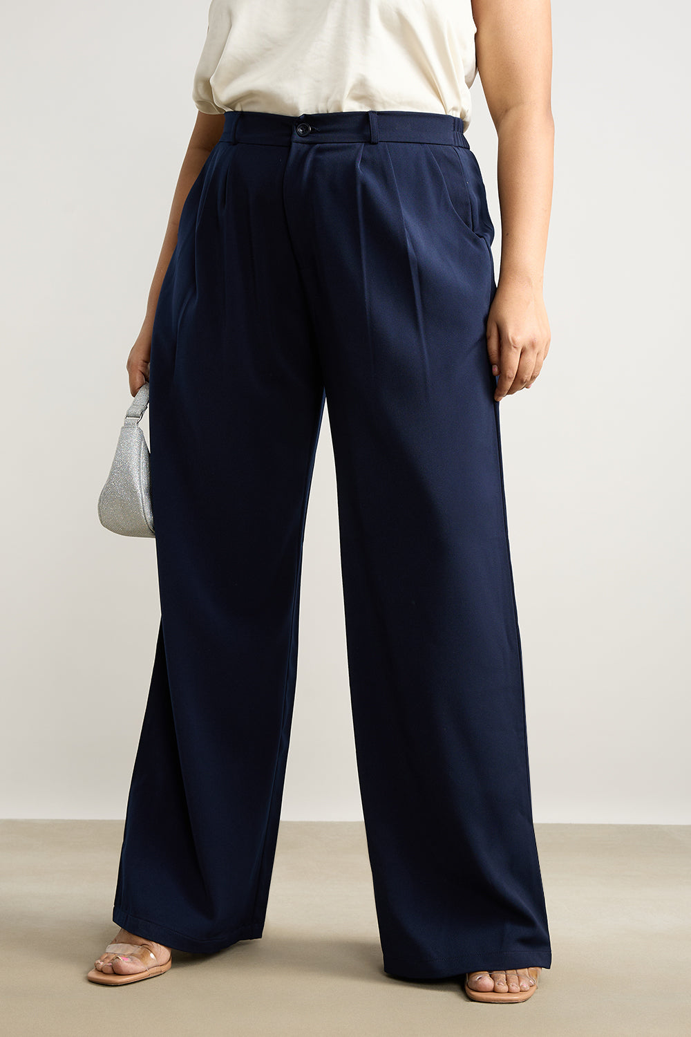 Women's Curve Pleated Navy Blue Korean Pant