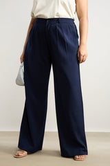 Women's Curve Pleated Navy Blue Korean Pant