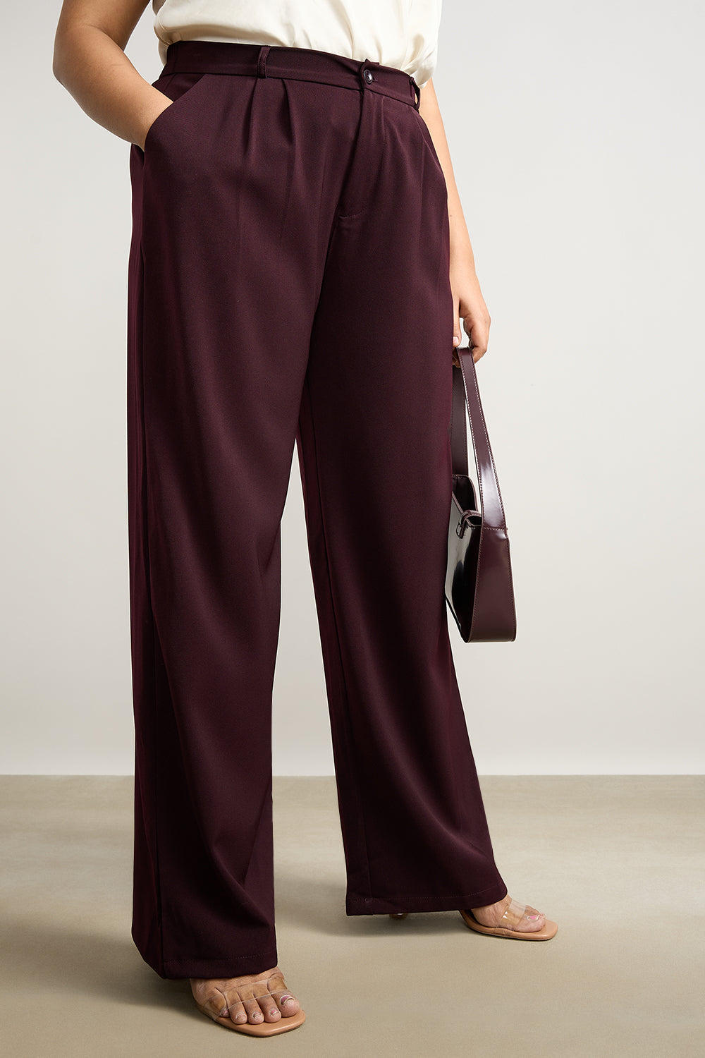 Women's Curve Pleated Burgundy Korean Pant