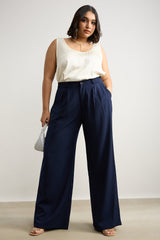 Women's Curve Pleated Navy Blue Korean Pant