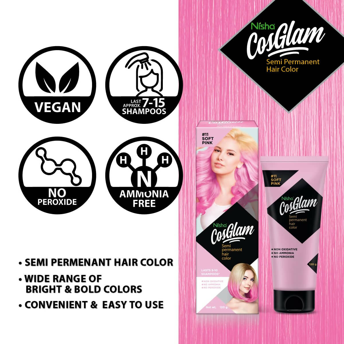 Nisha Cosglam Semi Permanent Hair Color 11 Soft Pink