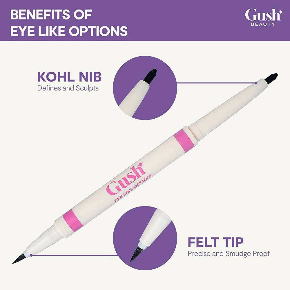 Gush Beauty Dual Ended Kajal & Felt-Tip Liner, Matte Finish Waterproof 2 in 1 - Black