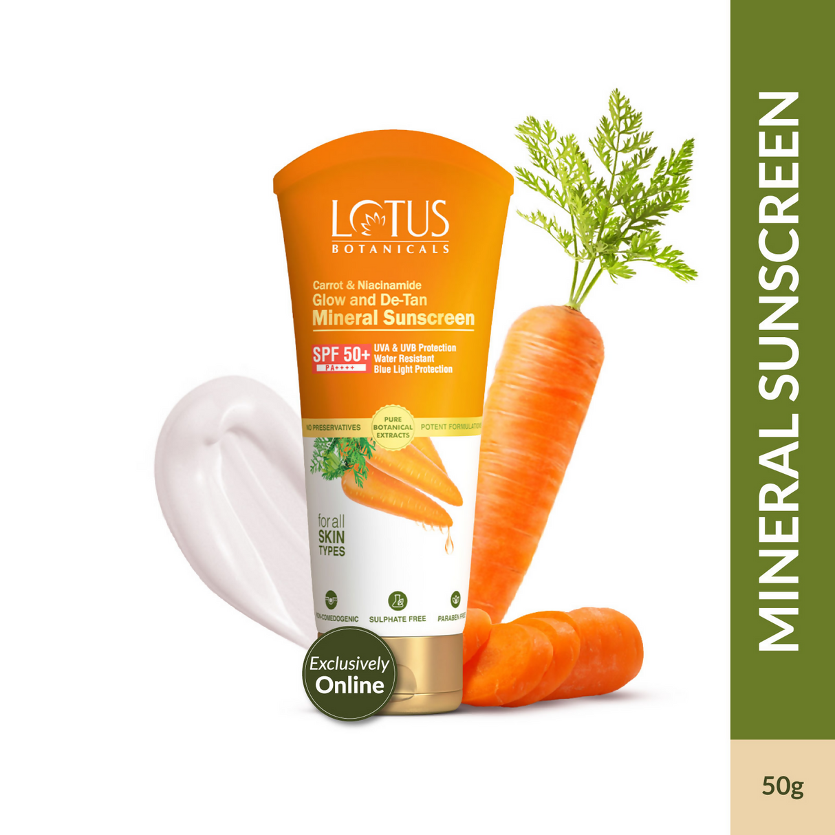 Lotus Botanicals Carrot & Niacinamide Glow and De-Tan Mineral Sunscreen, SPF 50+, PA++++