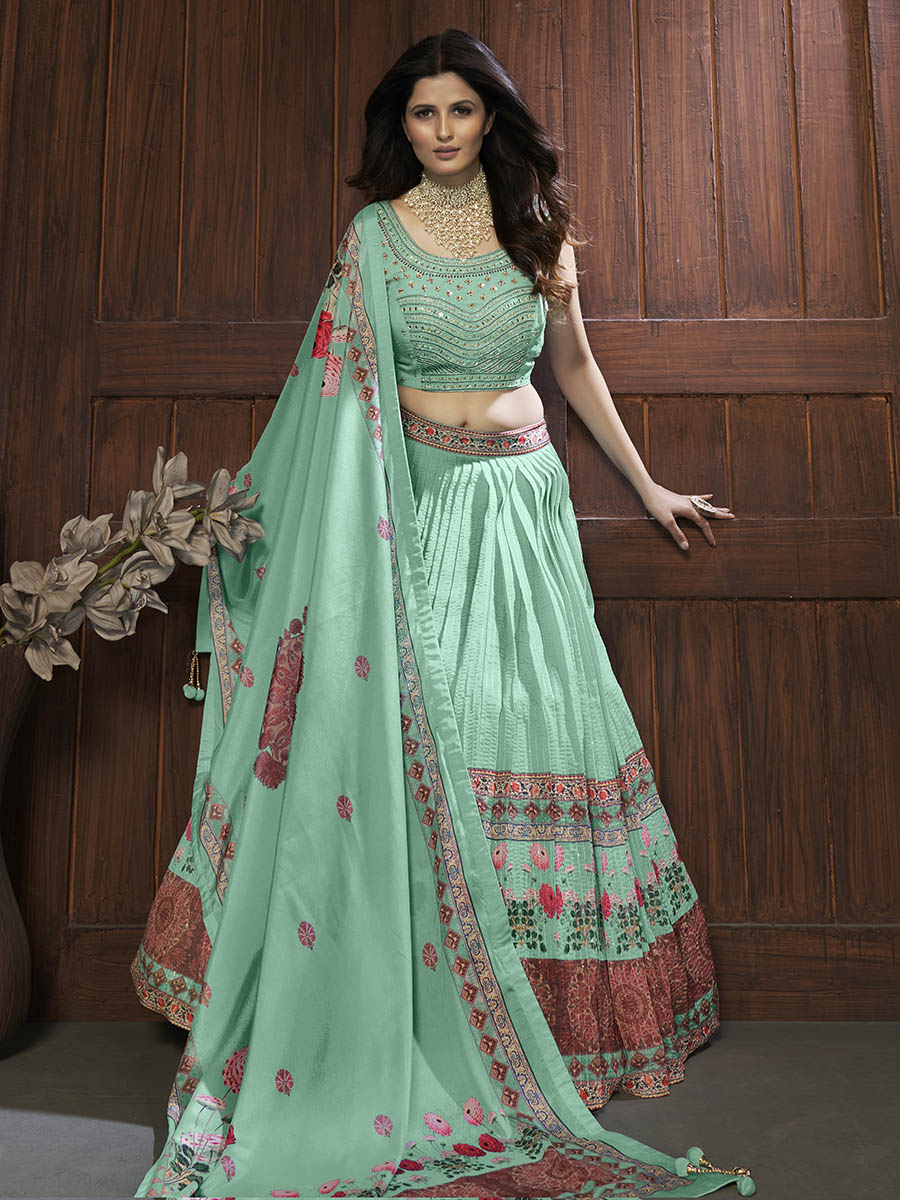 Sea Green Chinon Embroidered Designer Lehenga