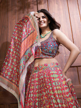 Multicolor Silk and Chinon Embroidered Designer Lehenga