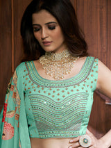 Sea Green Chinon Embroidered Designer Lehenga