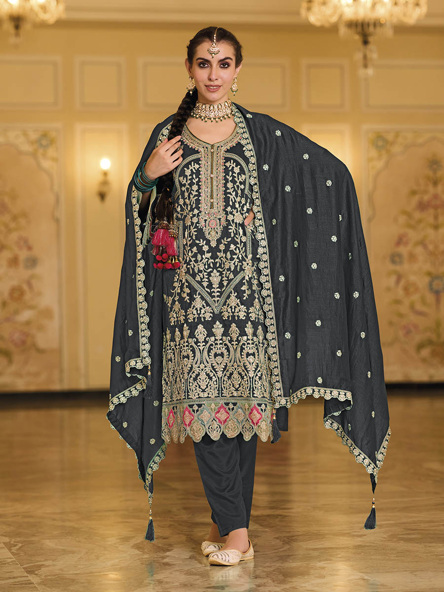 Navy Blue Embroidered Pant Style Suit