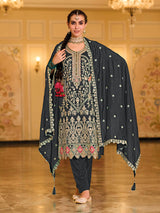 Navy Blue Embroidered Pant Style Suit