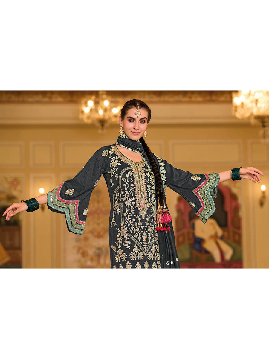 Navy Blue Embroidered Pant Style Suit