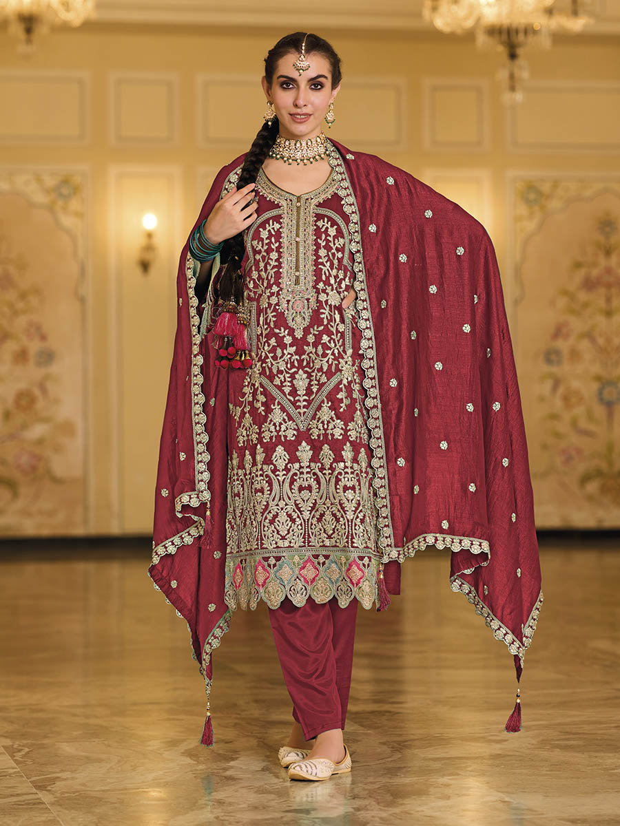 Maroon Embroidered Pant Style Suit