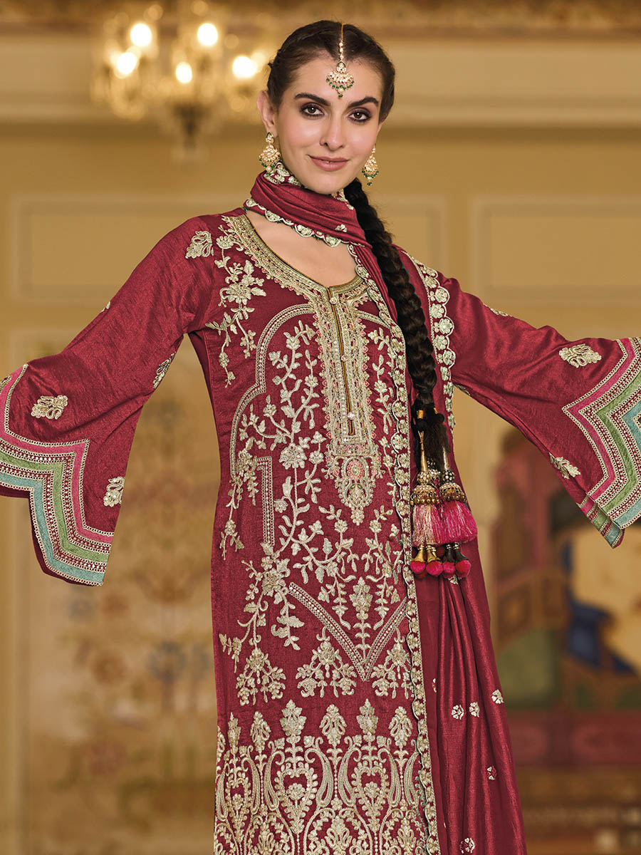 Maroon Embroidered Pant Style Suit