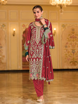 Maroon Embroidered Pant Style Suit