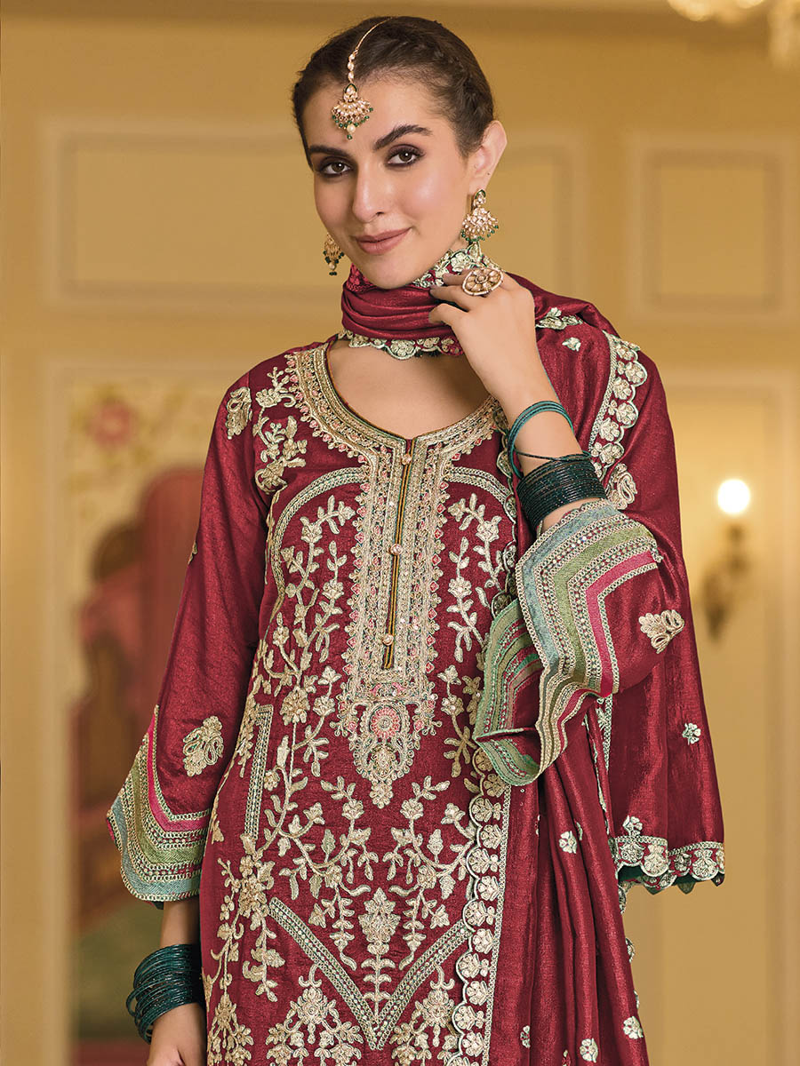 Maroon Embroidered Pant Style Suit