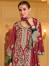 Maroon Embroidered Pant Style Suit