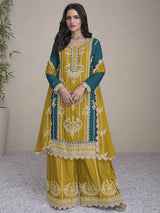 Musturd Yellow & Rama Chinon Embroidered Palazo Suit