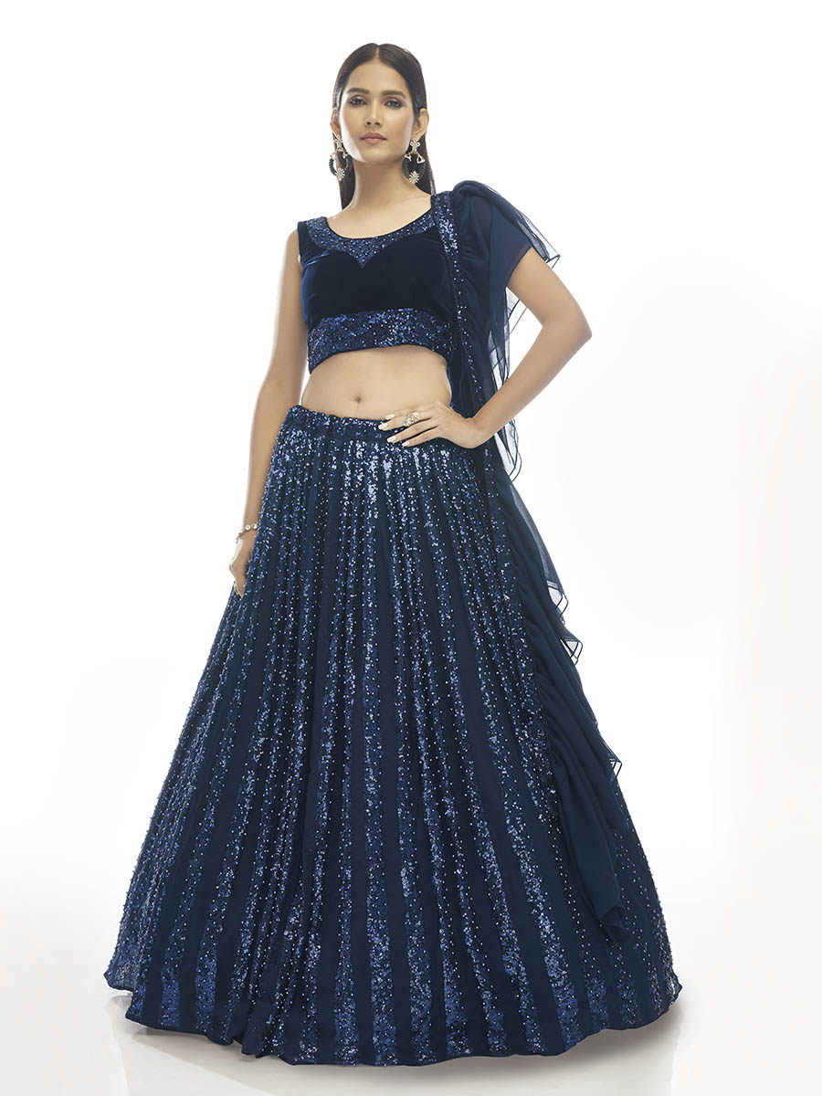 Navy Blue Velvet Embroidered Designer Lehenga