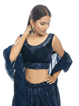 Navy Blue Velvet Embroidered Designer Lehenga