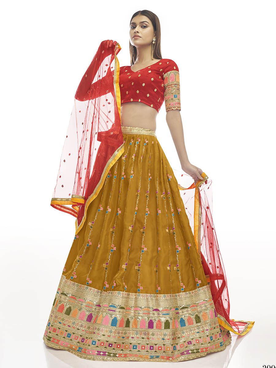 Musturd Satin Georgette Embroidered Designer Lehenga