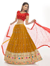 Musturd Satin Georgette Embroidered Designer Lehenga