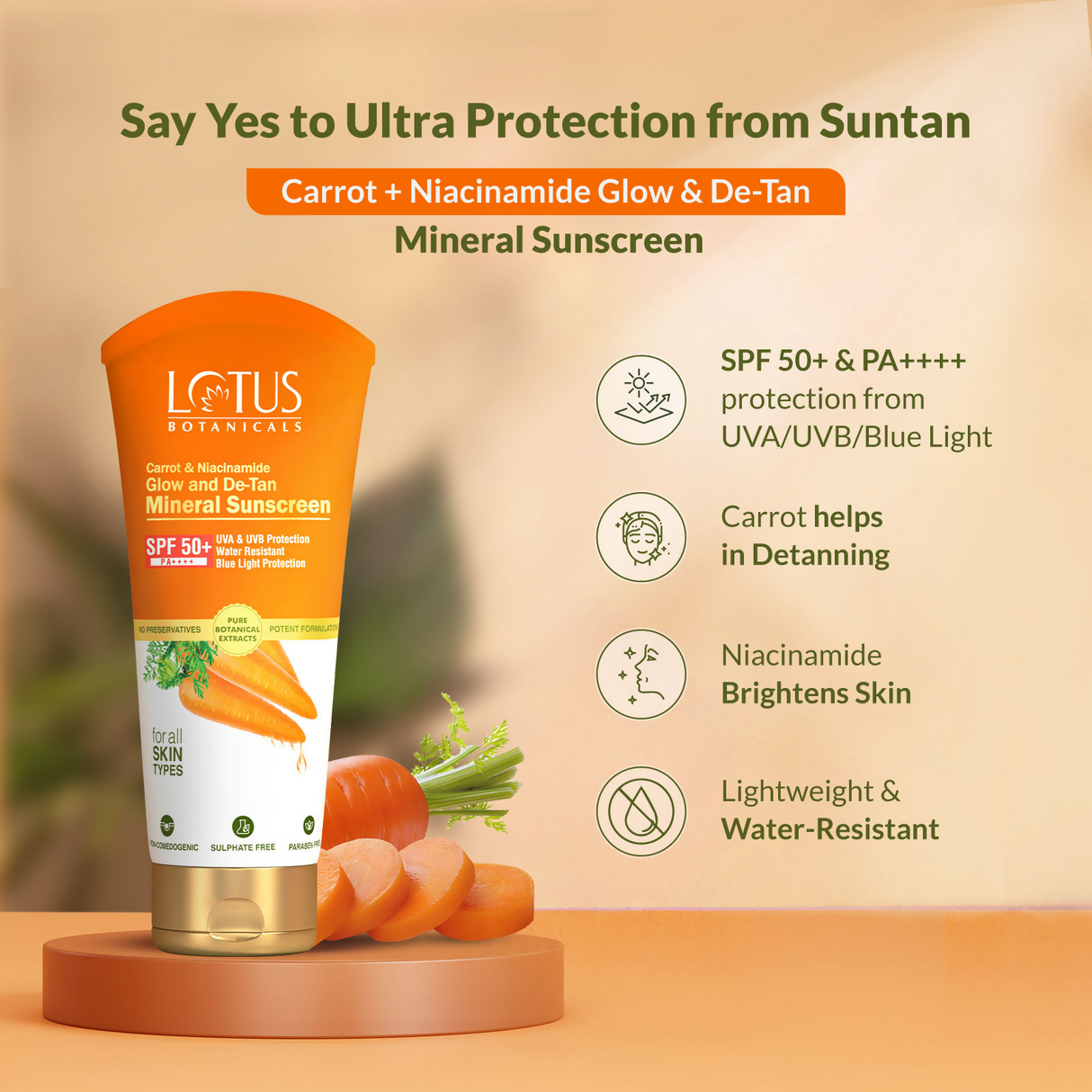 Lotus Botanicals Carrot & Niacinamide Glow and De-Tan Mineral Sunscreen, SPF 50+, PA++++