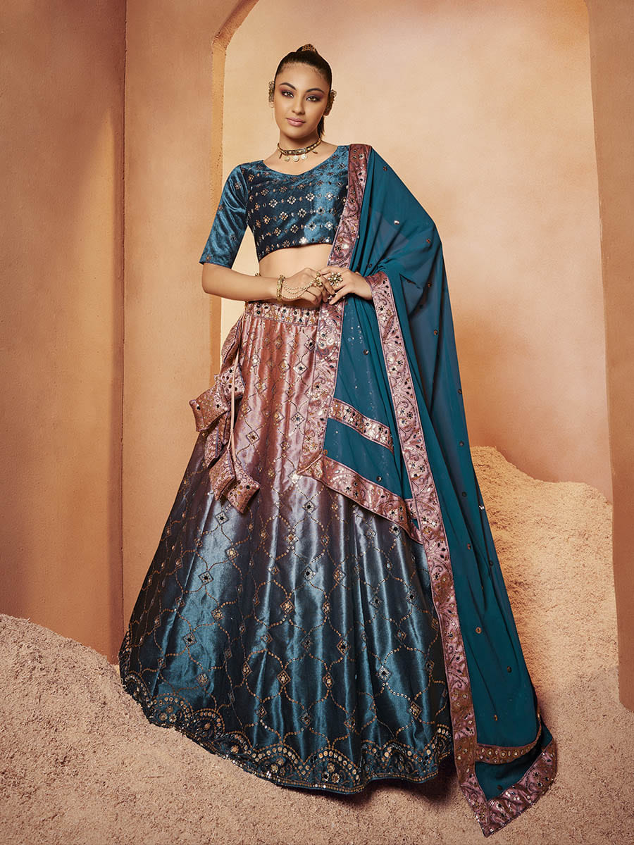 Teal Blue Velvet Embroidered Designer Lehenga Choli