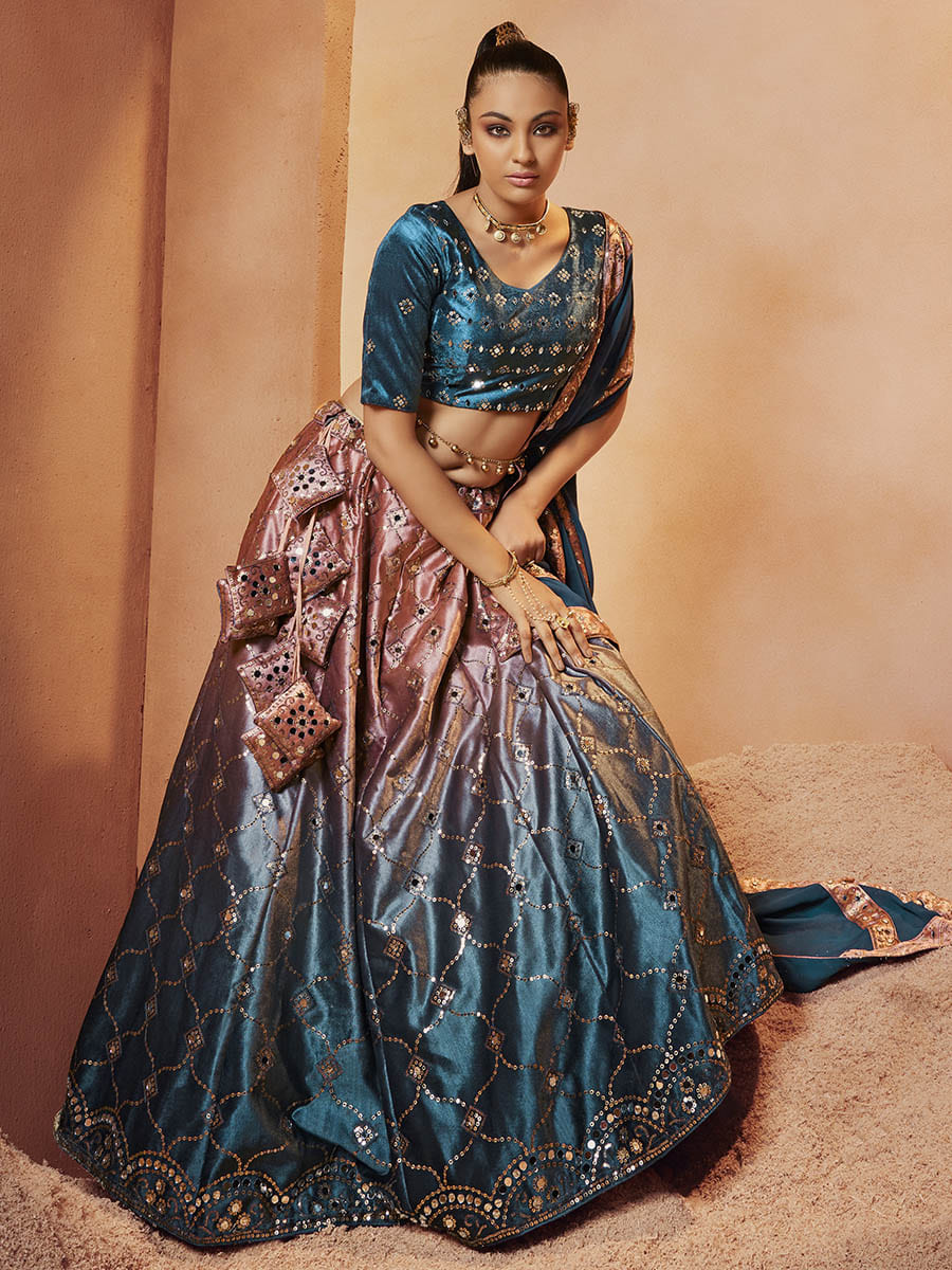 Teal Blue Velvet Embroidered Designer Lehenga Choli