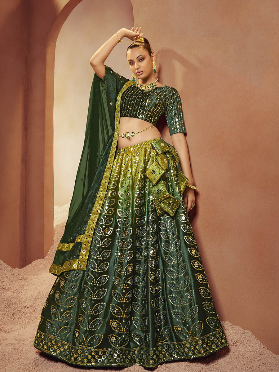 Green Velvet Embroidered Designer Lehenga Choli