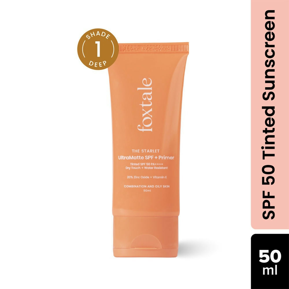 Foxtale Tinted Sunscreen SPF 50 PA++++ & Primer Shade 1 - Deep, Water Resistant with Dry-Touch Finish, Blurs Out Pores