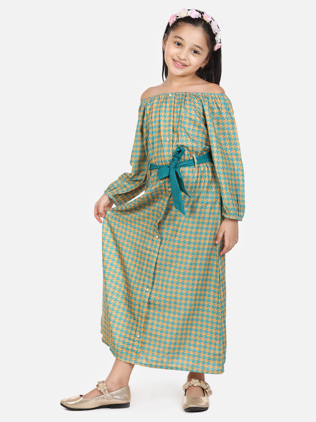 Green Aztec Off Shoulder Party Maxi Dress