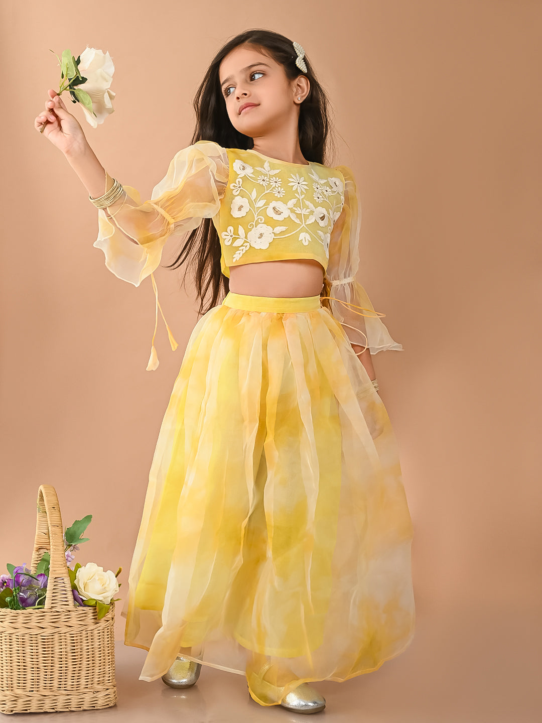 Flowers Embroidered Net Balloon Sleevless Lehenga Choli Set