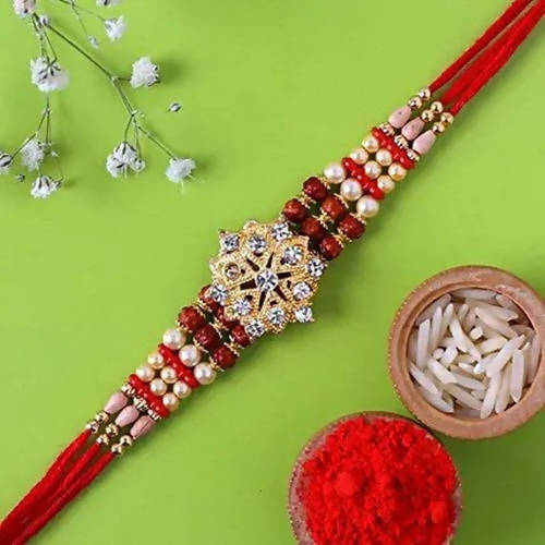 Pretty Rudraksha Rakhi And Kaju Katli Box