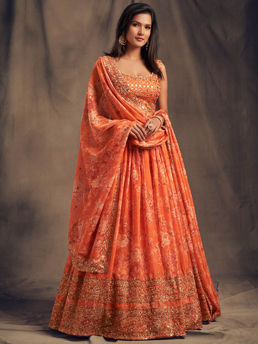 Orange Organza Silk Embroidered Lehenga