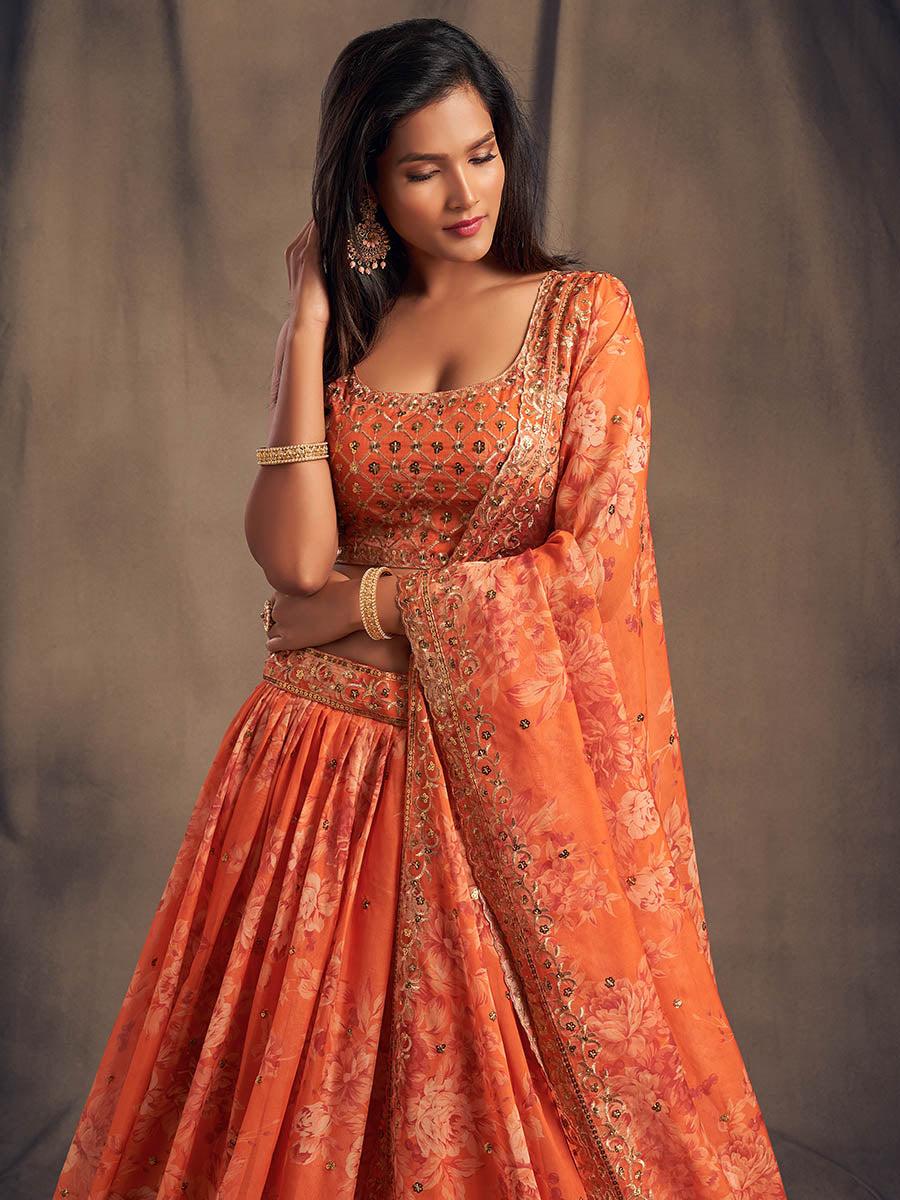 Orange Organza Silk Embroidered Lehenga