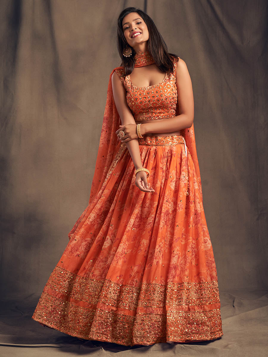 Orange Organza Silk Embroidered Lehenga