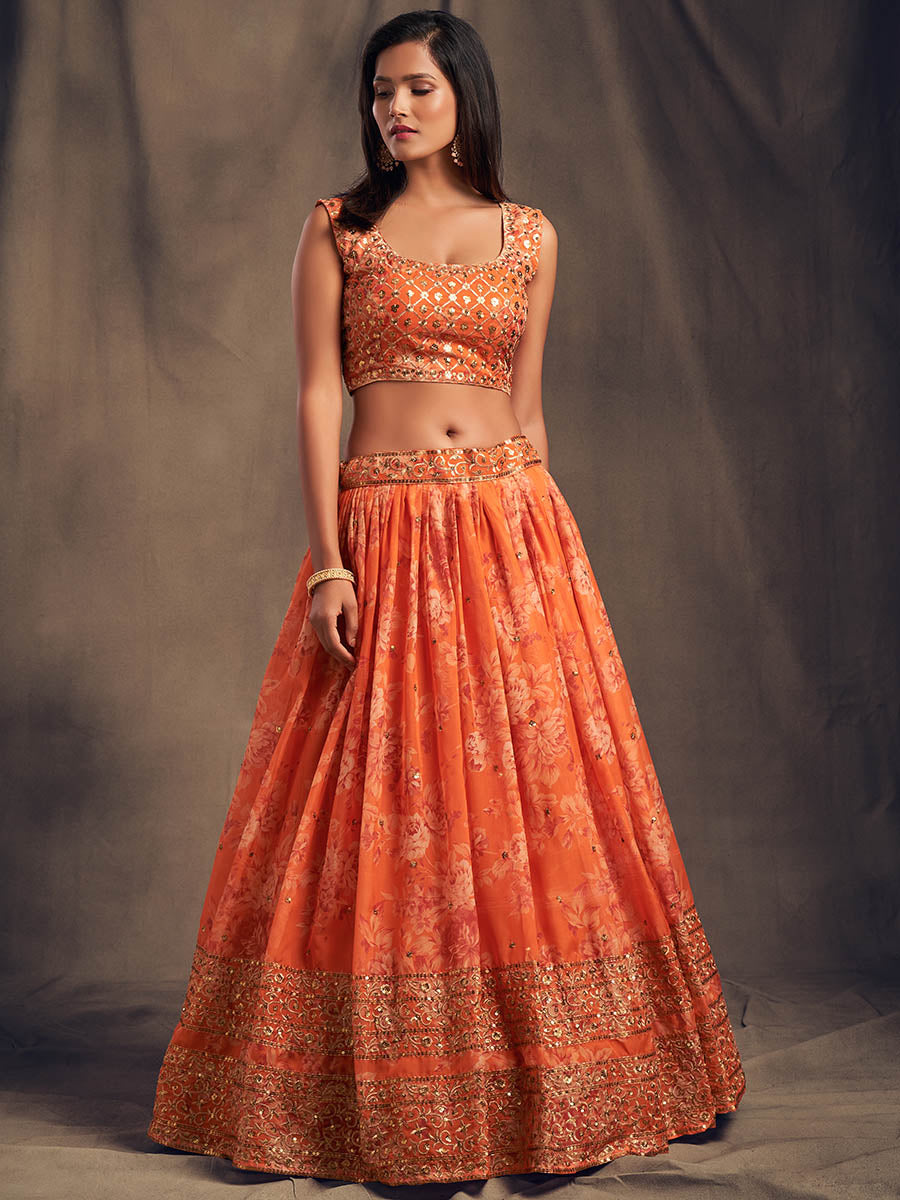 Orange Organza Silk Embroidered Lehenga