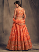 Orange Organza Silk Embroidered Lehenga