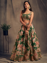 Green Organza Silk Embroidered Lehenga