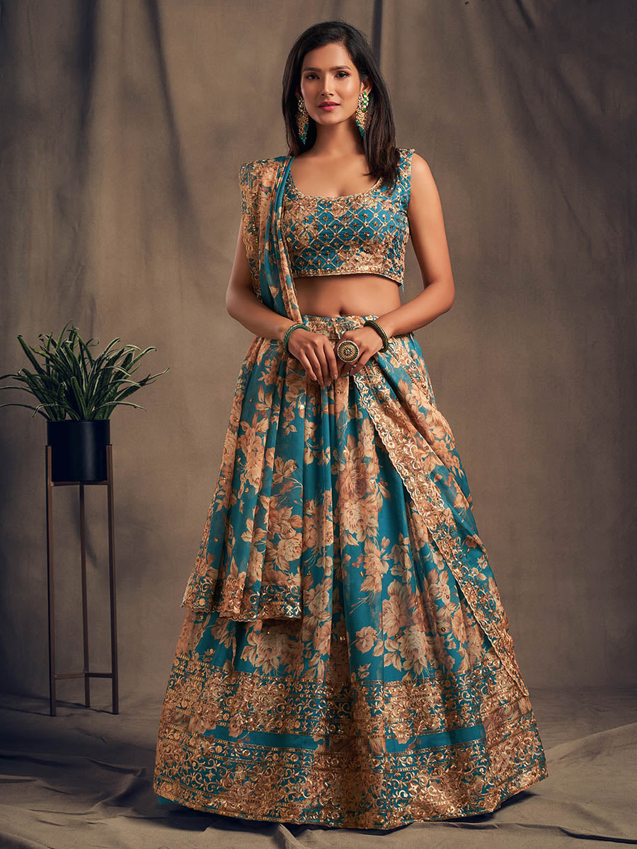 Teal Blue Organza Silk Embroidered Lehenga