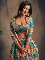 Teal Blue Organza Silk Embroidered Lehenga