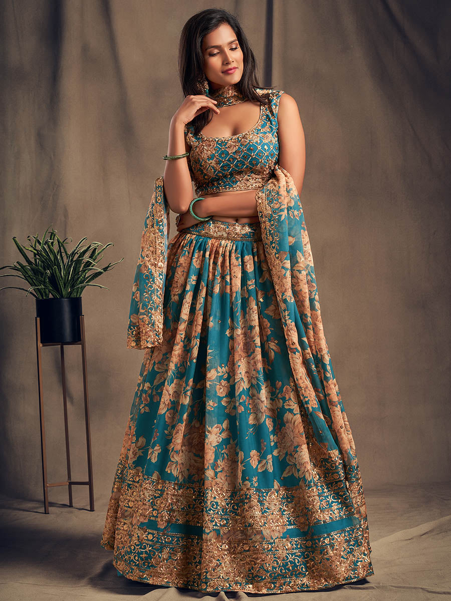 Teal Blue Organza Silk Embroidered Lehenga