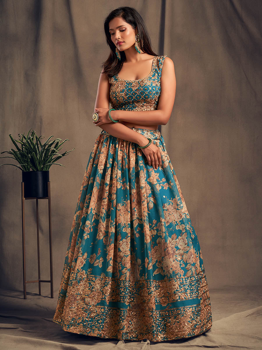 Teal Blue Organza Silk Embroidered Lehenga