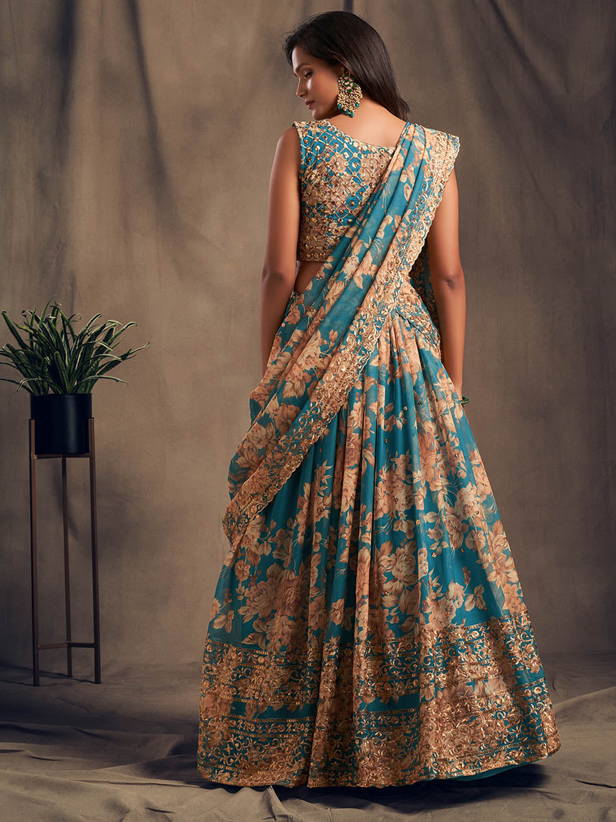 Teal Blue Organza Silk Embroidered Lehenga