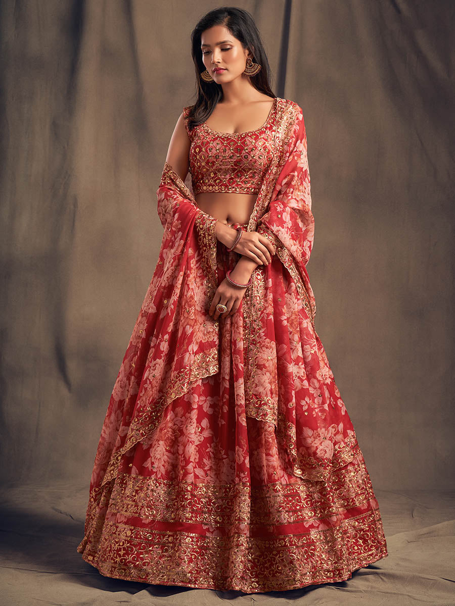 Red Organza Silk Embroidered Lehenga