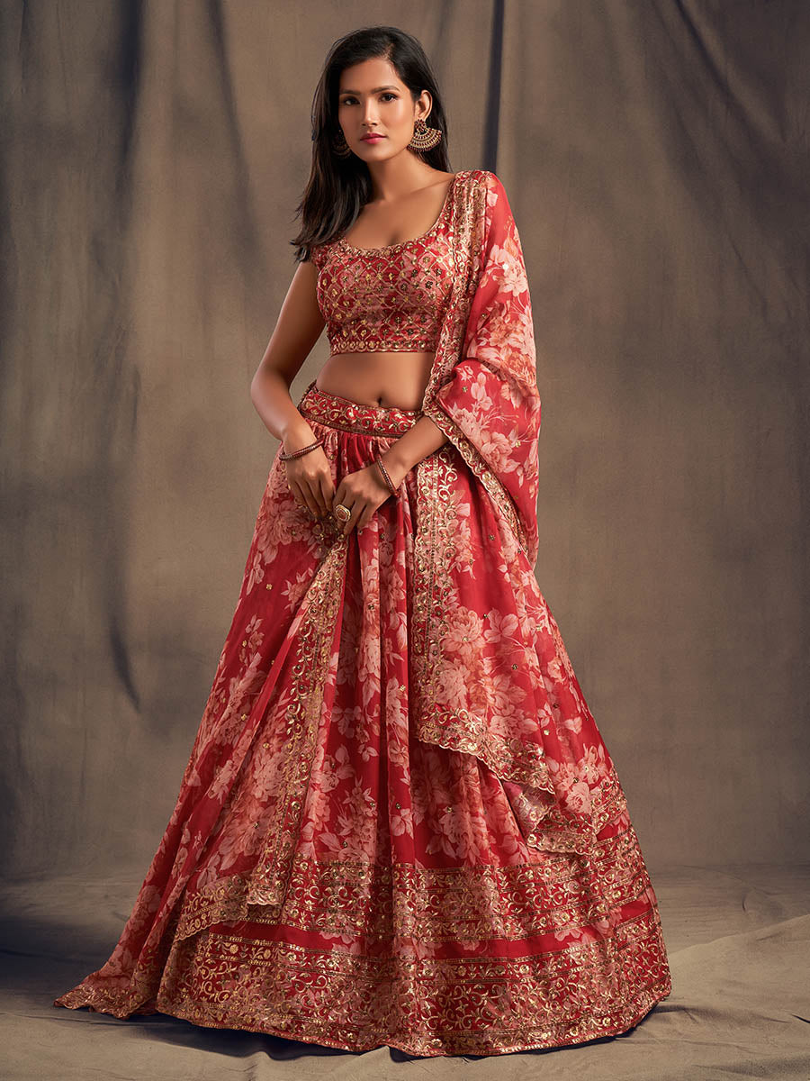 Red Organza Silk Embroidered Lehenga