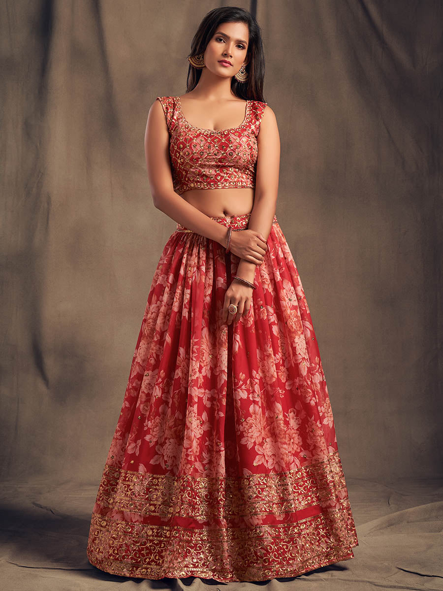 Red Organza Silk Embroidered Lehenga