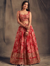 Red Organza Silk Embroidered Lehenga