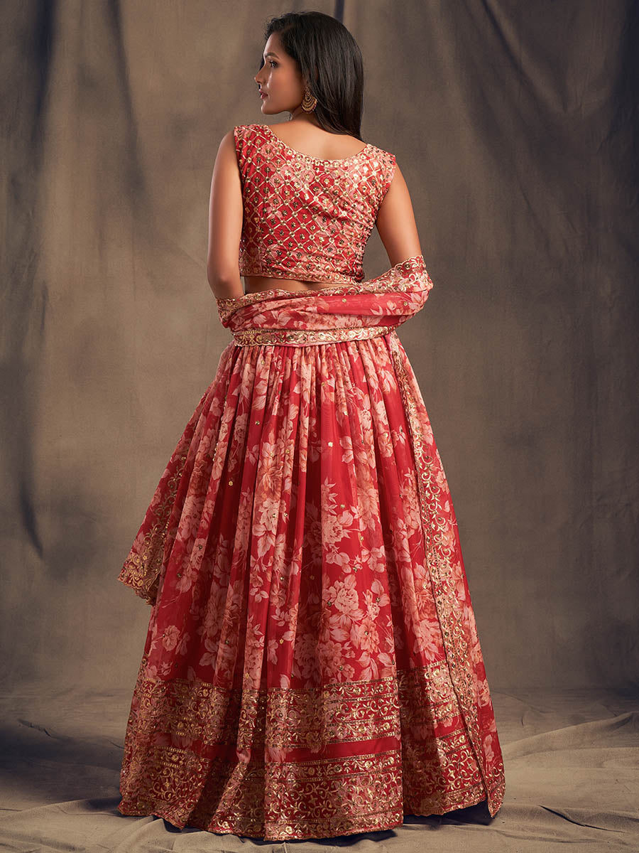 Red Organza Silk Embroidered Lehenga