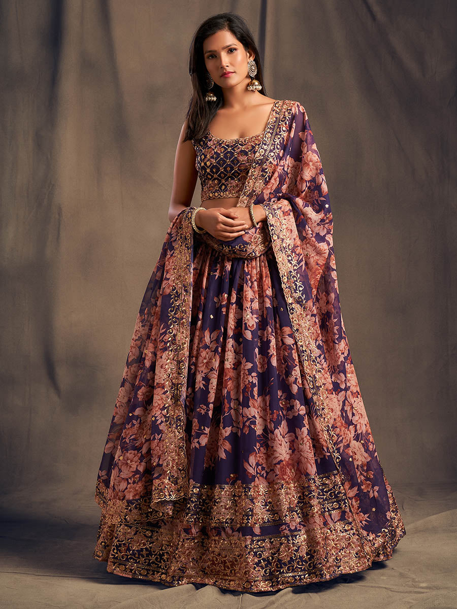 Purple Organza Silk Embroidered Lehenga